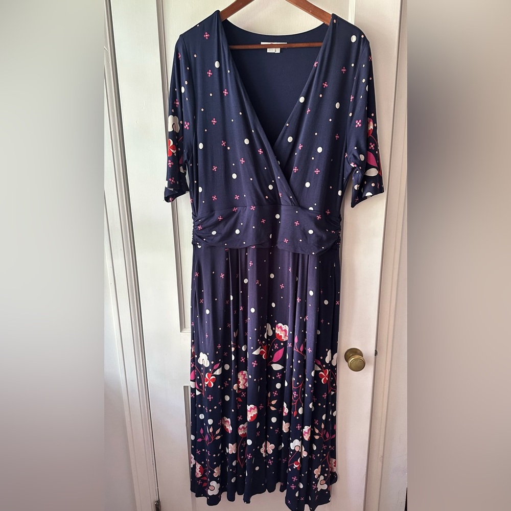 Boden Women Kassidy Jersey Midi Dress Size 14R Floral Pockets V Neck Stretch